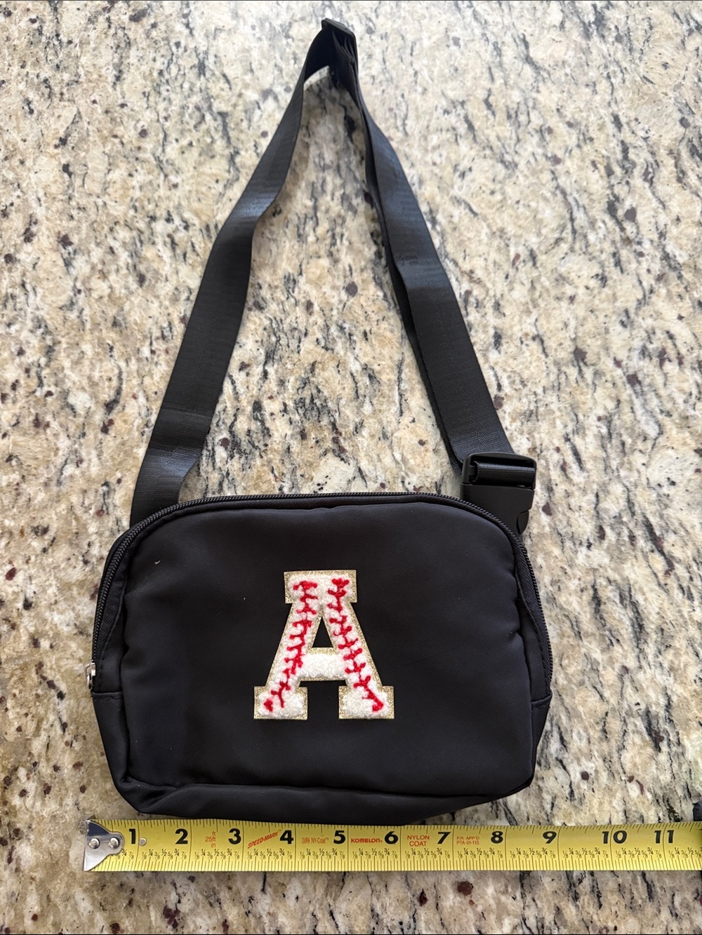 Black Crossbody Shoulder Bag with Baseball 'A' Chenille Patch